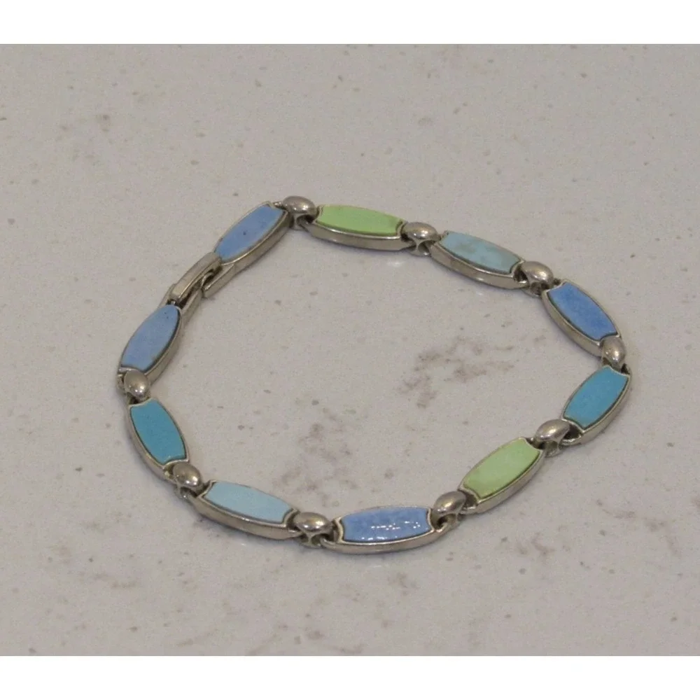 Silver Tone Enameled Link Bracelet Blue Green Preppy Coastal Cowgirl Fairy Boho